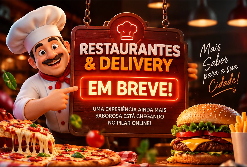 Arte 3D cinematográfica com chef de cozinha, pizza, hambúrguer e anúncio Restaurantes e Delivery em breve