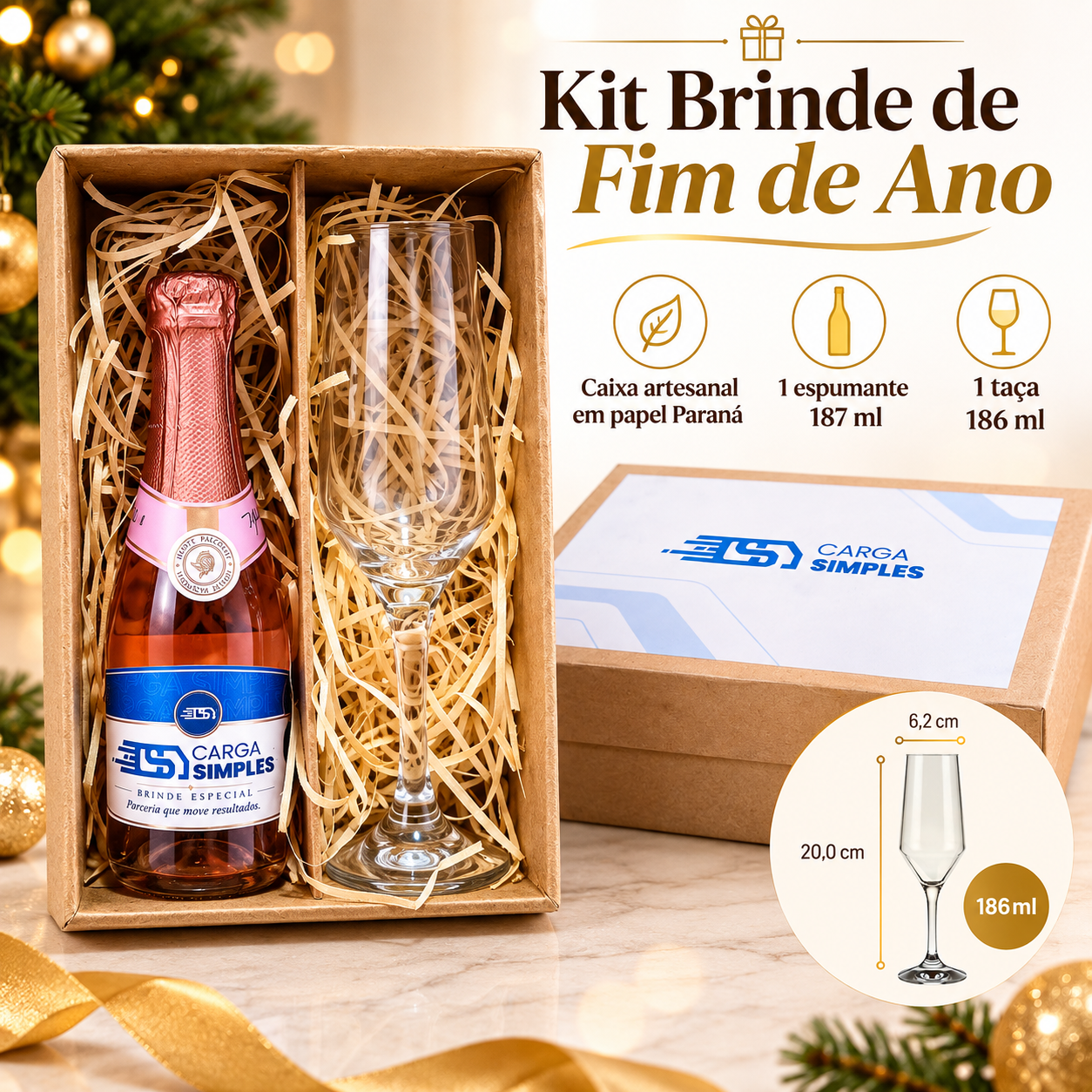 Kit Presente Personalizado com Espumante 187ml + Taça 186ml | Caixa Artesanal Fim de Ano