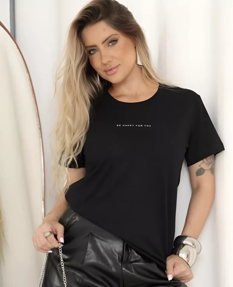 Camiseta Feminina Blusa Casual T-shirt Algodão Be Happy